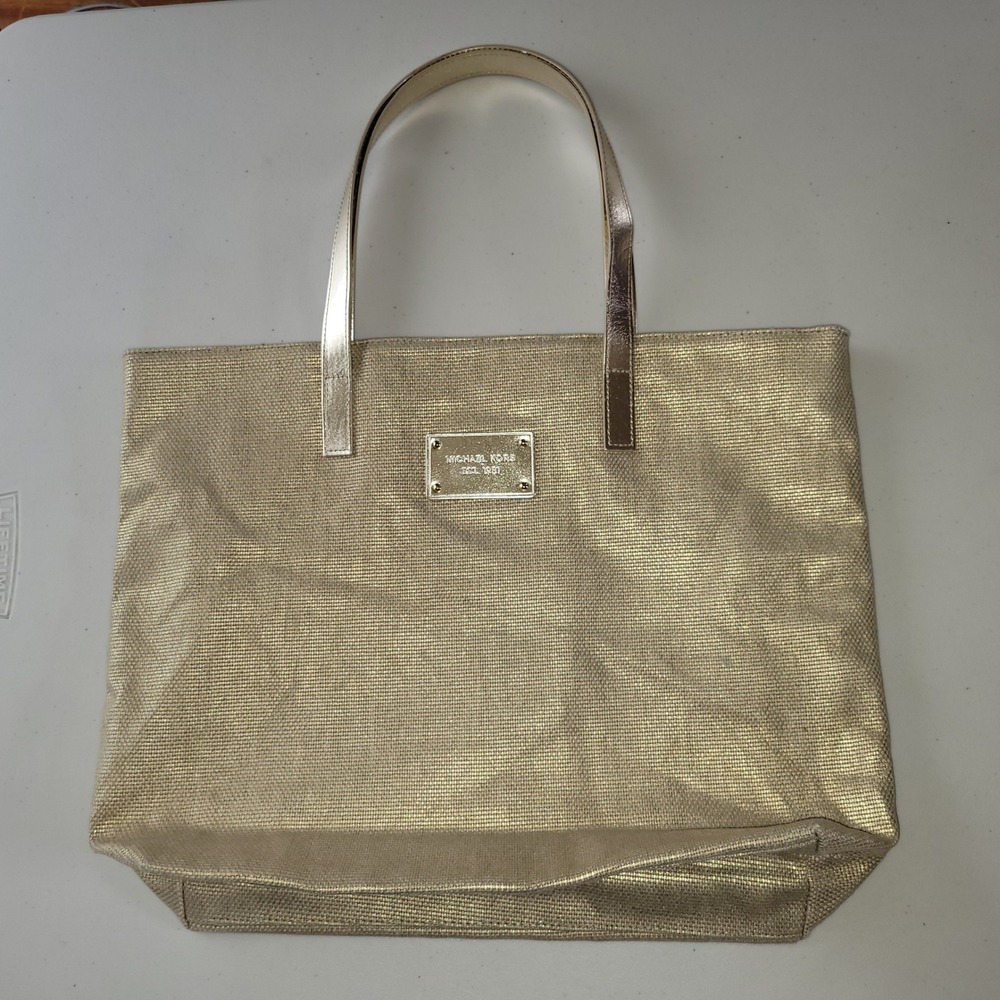 Michael Kors Gold‎ Metallic Woven Cotton Tote Bag - Picture 7 of 9